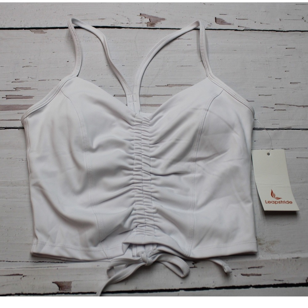 Leapstride Womens Ruched Front Crop Top Built-in Bra White Small NEW